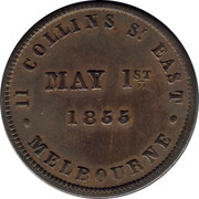 Australia 1/2 Penny 1855 KM# Tn8.1 Private Token issues 11 COLLINS ST. EAST MELBOURNE MAY 1ST 1855 coin reverse Australia 1/2 Penny 1855 KM# Tn8.1 Private Token issues 11 COLLINS ST. EAST MELBOURNE MAY 1ST 1855 coin reverse