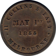 Australia 1/2 Penny 1855 KM# Tn8.2 Private Token issues 11 COLLINS ST. EAST MELBOURNE MAY 1ST 1855 coin reverse Australia 1/2 Penny 1855 KM# Tn8.2 Private Token issues 11 COLLINS ST. EAST MELBOURNE MAY 1ST 1855 coin reverse