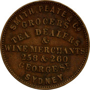 Australia 1/2 Penny 1856 KM# Tn210 Private Token issues SMITH, PEATE & CO. GROCERS TEA DEALERS WINE MERCHANTS 258 & 260 GEORGE ST. SYDNEY coin obverse Australia 1/2 Penny 1856 KM# Tn210 Private Token issues SMITH, PEATE & CO. GROCERS TEA DEALERS WINE MERCHANTS 258 & 260 GEORGE ST. SYDNEY coin obverse