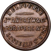 Australia 1/2 Penny 1862 KM# Tn13 Private Token issues MELBOURNE JNO ANDREW & CO DRAPERS & C 11 LONSDALE ST. WEST coin obverse Australia 1/2 Penny 1862 KM# Tn13 Private Token issues MELBOURNE JNO ANDREW & CO DRAPERS & C 11 LONSDALE ST. WEST coin obverse