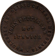 Australia 1/2 Penny 1865 KM# Tn195 Private Token issues WHOLESALE AND RETAIL GENERAL MERCHANTS JOHN PETTIGREW &CO IPSWICH coin obverse Australia 1/2 Penny 1865 KM# Tn195 Private Token issues WHOLESALE AND RETAIL GENERAL MERCHANTS JOHN PETTIGREW &CO IPSWICH coin obverse