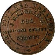 Australia 1/2 Penny ND KM# Tn152 Private Token issues INNER: J. MACGREGOR 520 GEORGE STREET SYDNEY OUTER: THE CITY TEA WAREHOUSE REV: ARMS WITH SUPPORTERS WITHIN INNER CIRCLE coin obverse Australia 1/2 Penny ND KM# Tn152 Private Token issues INNER: J. MACGREGOR 520 GEORGE STREET SYDNEY OUTER: THE CITY TEA WAREHOUSE REV: ARMS WITH SUPPORTERS WITHIN INNER CIRCLE coin obverse