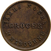 Australia 1/2 Penny ND KM# Tn185 Private Token issues JAMES NOKES GROCER MELBOURNE coin obverse Australia 1/2 Penny ND KM# Tn185 Private Token issues JAMES NOKES GROCER MELBOURNE coin obverse