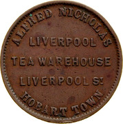 Australia 1/2 Penny ND KM# Tn181 Private Token issues ALFRED NICHOLAS LIVERPOOL TEA WAREHOUSE LIVERPOOL ST. HOBART TOWN coin obverse Australia 1/2 Penny ND KM# Tn181 Private Token issues ALFRED NICHOLAS LIVERPOOL TEA WAREHOUSE LIVERPOOL ST. HOBART TOWN coin obverse