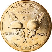 USA $1 (Code Talkers from both WWI and WWII) KM# 618 UNITED STATES OF AMERICA $1 WW I WW II CODE TALKERS TDR RG coin reverse USA $1 (Code Talkers from both WWI and WWII) KM# 618 UNITED STATES OF AMERICA $1 WW I WW II CODE TALKERS TDR RG coin reverse