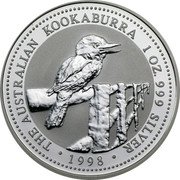 Australia 1 Dollar The Australian Kookaburra 1998 KM# 362 THE AUSTRALIAN KOOKABURRA 1 OZ. 999 SILVER *YEAR* coin reverse Australia 1 Dollar The Australian Kookaburra 1998 KM# 362 THE AUSTRALIAN KOOKABURRA 1 OZ. 999 SILVER *YEAR* coin reverse