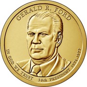 USA $1 Gerald R. Ford 2016 D Position B KM# 620 GERALD R. FORD PH IN GOD WE TRUST 38th PRESIDENT 1974-1977 coin obverse USA $1 Gerald R. Ford 2016 D Position B KM# 620 GERALD R. FORD PH IN GOD WE TRUST 38th PRESIDENT 1974-1977 coin obverse