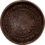 Australia 1 Penny 1854 KM# Tn250 Private Token issues J.C. THORNTHWAITE BOURKE STREET SURRY HILLS SINNER MEDALLIST coin obverse Australia 1 Penny 1854 KM# Tn250 Private Token issues J.C. THORNTHWAITE BOURKE STREET SURRY HILLS SINNER MEDALLIST coin obverse