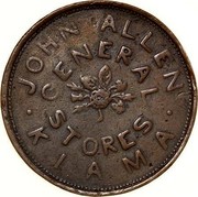 Australia 1 Penny 1855 KM# Tn9 Private Token issues JOHN ALLEN GENERAL STORES KIAMA coin obverse Australia 1 Penny 1855 KM# Tn9 Private Token issues JOHN ALLEN GENERAL STORES KIAMA coin obverse