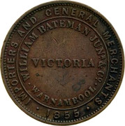 Australia 1 Penny 1855 KM# Tn20 Private Token issues IMPORTERS AND GENERAL MERCHANTS 1855 WILLIAM BATEMAN JUNR&CO WARNAMBOOL VICTORIA coin reverse Australia 1 Penny 1855 KM# Tn20 Private Token issues IMPORTERS AND GENERAL MERCHANTS 1855 WILLIAM BATEMAN JUNR&CO WARNAMBOOL VICTORIA coin reverse