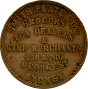 Australia 1 Penny 1856 KM# Tn211 Private Token issues SMITH, PEATE & CO. GROCERS TEA DEALERS WINE MERCHANTS 258 & 260 GEORGE ST. SYDNEY coin obverse Australia 1 Penny 1856 KM# Tn211 Private Token issues SMITH, PEATE & CO. GROCERS TEA DEALERS WINE MERCHANTS 258 & 260 GEORGE ST. SYDNEY coin obverse