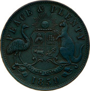 Australia 1 Penny 1859 KM# Tn285.2 Unnamed Token Issues PEACE & PLENTY 1859 coin obverse Australia 1 Penny 1859 KM# Tn285.2 Unnamed Token Issues PEACE & PLENTY 1859 coin obverse