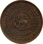 Australia 1 Penny 1859 KM# Tn206 Private Token issues G.& W.H. ROCKE ENGLISH FURNITURE IMPORTERS 18 LONSDALE STREET EAST MELBOURNE coin obverse