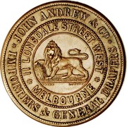 Australia 1 Penny 1860 KM# Tn11 Private Token issues JOHN ANDREW & CO IMPORTERS & GENERAL DRAPERS 11 LONSDALE STREET WEST MELBOURNE coin obverse Australia 1 Penny 1860 KM# Tn11 Private Token issues JOHN ANDREW & CO IMPORTERS & GENERAL DRAPERS 11 LONSDALE STREET WEST MELBOURNE coin obverse