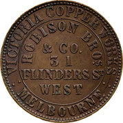 Australia 1 Penny 1862 KM# Tn205 Private Token issues OUTER: VICTORIA COPPER WORKS MELBOURNE INNER: ROBISON BROS.& CO. 31 FLINDER ST. WEST coin obverse Australia 1 Penny 1862 KM# Tn205 Private Token issues OUTER: VICTORIA COPPER WORKS MELBOURNE INNER: ROBISON BROS.& CO. 31 FLINDER ST. WEST coin obverse