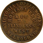 Australia 1 Penny 1862 KM# Tn203 Private Token issues OUTER: VICTORIA COPPER WORKS MELBOURNE INNER: ROBISON BROS.& CO. 31 FLINDER ST. WEST coin obverse Australia 1 Penny 1862 KM# Tn203 Private Token issues OUTER: VICTORIA COPPER WORKS MELBOURNE INNER: ROBISON BROS.& CO. 31 FLINDER ST. WEST coin obverse