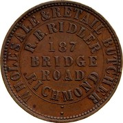 Australia 1 Penny 1862 KM# Tn209 Private Token issues WHOLESALE&RETAIL BUTCHER R.B.RIDLER 187 BRIDGE ROAD RICHMOND coin obverse Australia 1 Penny 1862 KM# Tn209 Private Token issues WHOLESALE&RETAIL BUTCHER R.B.RIDLER 187 BRIDGE ROAD RICHMOND coin obverse