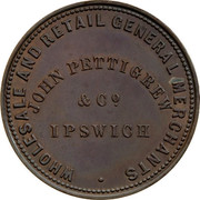 Australia 1 Penny 1865 KM# Tn196 Private Token issues WHOLESALE AND RETAIL GENERAL MERCHANTS JOHN PETTIGREW &CO IPSWICH coin obverse Australia 1 Penny 1865 KM# Tn196 Private Token issues WHOLESALE AND RETAIL GENERAL MERCHANTS JOHN PETTIGREW &CO IPSWICH coin obverse