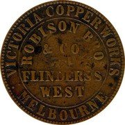 Australia 1 Penny Victoria 1862 KM# Tn114.1 VICTORIA CPPER WORKS MELBOURNE ROBISON BRO & CO FLINDERS S WEST coin obverse Australia 1 Penny Victoria 1862 KM# Tn114.1 VICTORIA CPPER WORKS MELBOURNE ROBISON BRO & CO FLINDERS S WEST coin obverse