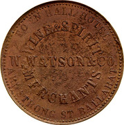 Australia 1 Penny Coat of Arms 1862 KM# TnF293 TOWN HALL HOTEL WINE&SPIRIT MERCHANTS ARMSTRONG ST.BALLARAT W.N.WATSON&CO. coin obverse Australia 1 Penny Coat of Arms 1862 KM# TnF293 TOWN HALL HOTEL WINE&SPIRIT MERCHANTS ARMSTRONG ST.BALLARAT W.N.WATSON&CO. coin obverse