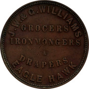 Australia 1 Penny ND KM# Tn272 Private Token issues J.W. & G. WILLIAMS GROCERS IRONMONGERS & DRAPERS EAGLE HAWK coin obverse Australia 1 Penny ND KM# Tn272 Private Token issues J.W. & G. WILLIAMS GROCERS IRONMONGERS & DRAPERS EAGLE HAWK coin obverse
