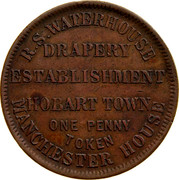Australia 1 Penny ND KM# Tn265 Private Token issues R.S. WATERHOUSE DRAPERY ESTABLISHMENT HOBART TOWN MANCHESTER HOUSE coin obverse Australia 1 Penny ND KM# Tn265 Private Token issues R.S. WATERHOUSE DRAPERY ESTABLISHMENT HOBART TOWN MANCHESTER HOUSE coin obverse