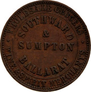 Australia 1 Penny ND KM# Tn212 Private Token issues INNER: SOUTHWARD & SUMPTON BALLARAT OUTER: WHOLESALE GROCER coin obverse Australia 1 Penny ND KM# Tn212 Private Token issues INNER: SOUTHWARD & SUMPTON BALLARAT OUTER: WHOLESALE GROCER coin obverse