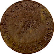 Australia 1 Penny Whitty & Brown Makers (Sydney) ND KM# Tn271 WHITTY & BROWN MAKERS SYDNEY coin obverse Australia 1 Penny Whitty & Brown Makers (Sydney) ND KM# Tn271 WHITTY & BROWN MAKERS SYDNEY coin obverse
