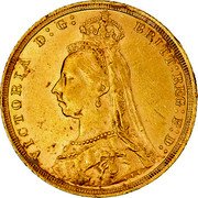 Australia 1 Sovereign Victoria 1890 S KM# 10 VICTORIA D:G: BRTITT:REG:F:D: coin obverse Australia 1 Sovereign Victoria 1890 S KM# 10 VICTORIA D:G: BRTITT:REG:F:D: coin obverse
