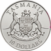Australia 10 Dollars (Tasmania) KM# 153 TASMANIA 10 DOLLARS UBERTAS ET FIDELITAS coin reverse Australia 10 Dollars (Tasmania) KM# 153 TASMANIA 10 DOLLARS UBERTAS ET FIDELITAS coin reverse
