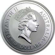 Australia 10 Dollars The Australian Kookaburra 1997 KM# 494 ELIZABETH II AUSTRALIA 10 DOLLARS RDM coin obverse Australia 10 Dollars The Australian Kookaburra 1997 KM# 494 ELIZABETH II AUSTRALIA 10 DOLLARS RDM coin obverse