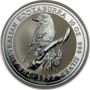 Australia 10 Dollars (The Australian Kookaburra) KM# 270 THE AUSTRALIAN KOOKABURRA 10 OZ 999 SILVER 1995 coin reverse Australia 10 Dollars (The Australian Kookaburra) KM# 270 THE AUSTRALIAN KOOKABURRA 10 OZ 999 SILVER 1995 coin reverse