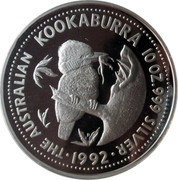 Australia 10 Dollars (The Australian Kookaburra) KM# 180 THE AUSTRALIAN KOOKABURRA 10 OZ. 999 SILVER 1992 P coin reverse Australia 10 Dollars (The Australian Kookaburra) KM# 180 THE AUSTRALIAN KOOKABURRA 10 OZ. 999 SILVER 1992 P coin reverse
