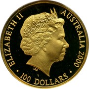 Australia 100 Dollars Sydney 2000 2000 KM# 521 ELIZABETH II AUSTRALIA 2000 100 DOLLARS IRB coin obverse Australia 100 Dollars Sydney 2000 2000 KM# 521 ELIZABETH II AUSTRALIA 2000 100 DOLLARS IRB coin obverse