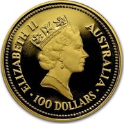 Australia 100 Dollars The Australian Nugget 1987 KM# 98 ELIZABETH II AUSTRALIA 100 DOLLARS RDM coin obverse Australia 100 Dollars The Australian Nugget 1987 KM# 98 ELIZABETH II AUSTRALIA 100 DOLLARS RDM coin obverse