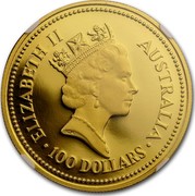 Australia 100 Dollars The Australian Nugget 1988 KM# 107 ELIZABETH II AUSTRALIA 100 DOLLARS RDM coin obverse Australia 100 Dollars The Australian Nugget 1988 KM# 107 ELIZABETH II AUSTRALIA 100 DOLLARS RDM coin obverse
