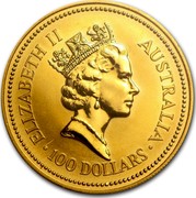 Australia 100 Dollars The Australian Nugget 1992 KM# 169 ELIZABETH II AUSTRALIA 100 DOLLARS RDM coin obverse Australia 100 Dollars The Australian Nugget 1992 KM# 169 ELIZABETH II AUSTRALIA 100 DOLLARS RDM coin obverse