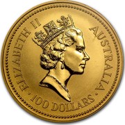 Australia 100 Dollars The Australian Nugget 1993 KM# 393 ELIZABETH II AUSTRALIA 100 DOLLARS RDM coin obverse Australia 100 Dollars The Australian Nugget 1993 KM# 393 ELIZABETH II AUSTRALIA 100 DOLLARS RDM coin obverse