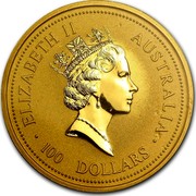 Australia 100 Dollars The Australian Nugget 1995 KM# 245 ELIZABETH II AUSTRALIA 100 DOLLARS RDM coin obverse Australia 100 Dollars The Australian Nugget 1995 KM# 245 ELIZABETH II AUSTRALIA 100 DOLLARS RDM coin obverse