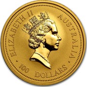 Australia 100 Dollars The Australian Nugget 1996 KM# 276 ELIZABETH II AUSTRALIA 100 DOLLARS RDM coin obverse Australia 100 Dollars The Australian Nugget 1996 KM# 276 ELIZABETH II AUSTRALIA 100 DOLLARS RDM coin obverse