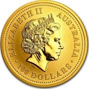 Australia 100 Dollars The Australian Nugget 1999 KM# 452 ELIZABETH II AUSTRALIA 100 DOLLARS IRB coin obverse Australia 100 Dollars The Australian Nugget 1999 KM# 452 ELIZABETH II AUSTRALIA 100 DOLLARS IRB coin obverse