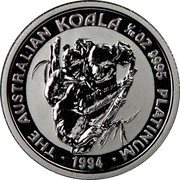 Australia 15 Dollars Koala 1994 KM# 250 THE AUSTRALIAN KOALA 1/10 OZ 9995 PLATINUM 1994 coin reverse Australia 15 Dollars Koala 1994 KM# 250 THE AUSTRALIAN KOALA 1/10 OZ 9995 PLATINUM 1994 coin reverse