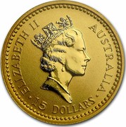 Australia 15 Dollars Nail-tailed Wallaby 1992 (ae) Proof KM# 390 ELIZABETH II AUSTRALIA 15 DOLLARS coin obverse Australia 15 Dollars Nail-tailed Wallaby 1992 (ae) Proof KM# 390 ELIZABETH II AUSTRALIA 15 DOLLARS coin obverse