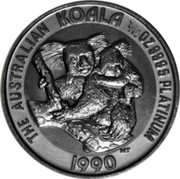 Australia 15 Dollars The Australian Koala 1990 KM# 123 THE AUSTRALIAN KOALA 1/10 OZ. 9995 PLATINUM YEAR MT coin reverse