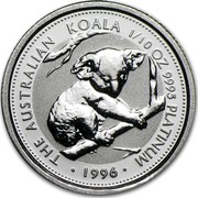 Australia 15 Dollars (The Australian Koala) KM# 284 THE AUSTRALIAN KOALA 1/10 OZ. 9995 PLATINUM 1996 coin reverse Australia 15 Dollars (The Australian Koala) KM# 284 THE AUSTRALIAN KOALA 1/10 OZ. 9995 PLATINUM 1996 coin reverse