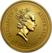 Australia 15 Dollars The Australian Nugget 1996 KM# 273 ELIZABETH II AUSTRALIA 15 DOLLARS RDM coin obverse Australia 15 Dollars The Australian Nugget 1996 KM# 273 ELIZABETH II AUSTRALIA 15 DOLLARS RDM coin obverse