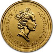 Australia 15 Dollars The Australian Nugget 1997 KM# 339 ELIZABETH II AUSTRALIA 15 DOLLARS RDM coin obverse Australia 15 Dollars The Australian Nugget 1997 KM# 339 ELIZABETH II AUSTRALIA 15 DOLLARS RDM coin obverse
