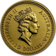 Australia 15 Dollars (The Australian Nugget) KM# 166 ELIZABETH II AUSTRALIA 15 DOLLARS RDM coin obverse Australia 15 Dollars (The Australian Nugget) KM# 166 ELIZABETH II AUSTRALIA 15 DOLLARS RDM coin obverse