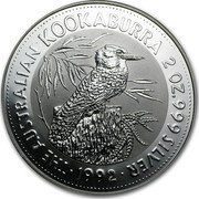 Australia 2 Dollars The Australian Kookaburra 1992 KM# 179 THE AUSTRALIAN KOOKABURRA 2 OZ. 999 SILVER *YEAR* coin reverse Australia 2 Dollars The Australian Kookaburra 1992 KM# 179 THE AUSTRALIAN KOOKABURRA 2 OZ. 999 SILVER *YEAR* coin reverse