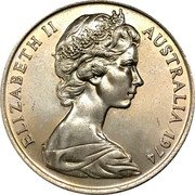 Australia 20 Cents Platypus 1974 Proof KM# 66 ELIZABETH II AUSTRALIA *YEAR* coin obverse Australia 20 Cents Platypus 1974 Proof KM# 66 ELIZABETH II AUSTRALIA *YEAR* coin obverse